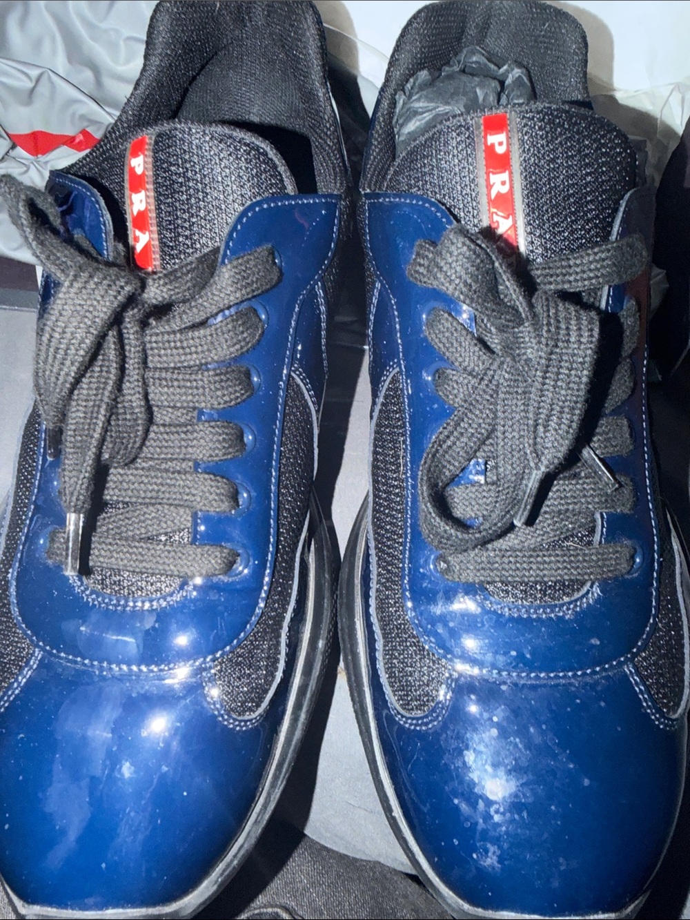 Prada Men’s Blue and Black Patent-Look Sneakers